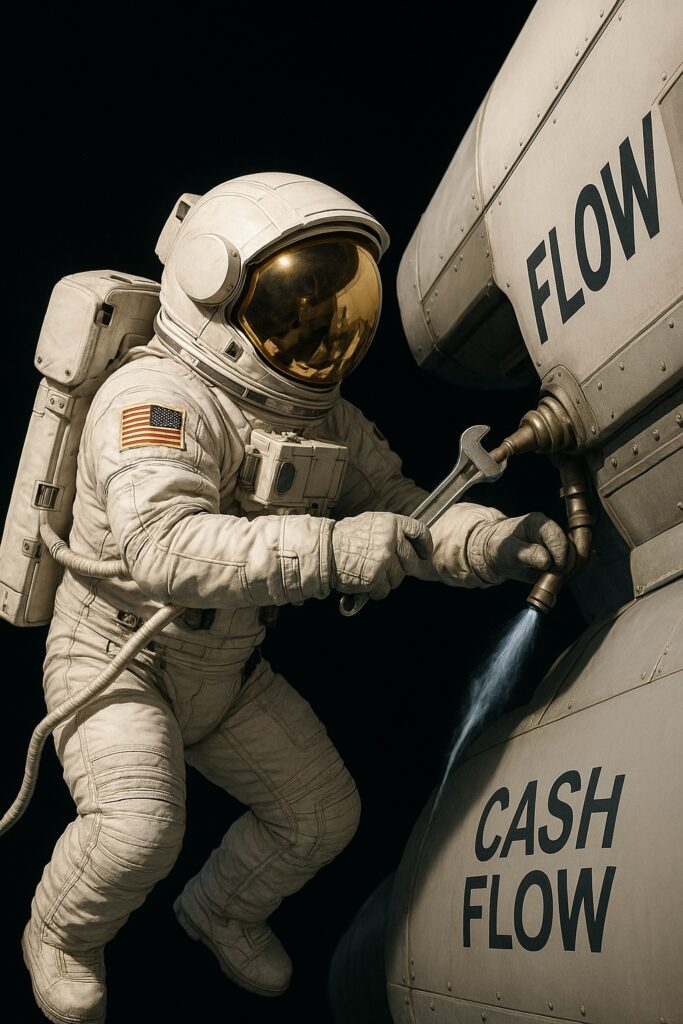 A modern astronaut repairs a spacecraft labeled “Cash Flow,” capturing how early cancellations in VSC contracts drain profitability and reserve funding.