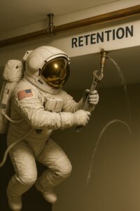 Astronaut floating indoors fixing a copper pipe labeled “Retention,” representing home warranty cancellation curve issues.