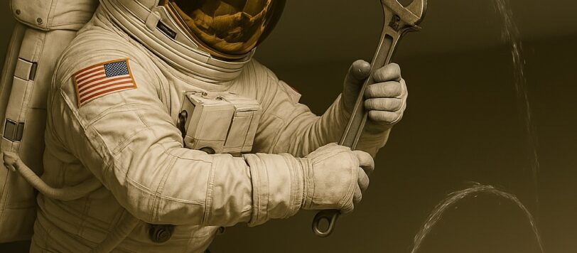 Astronaut floating indoors fixing a copper pipe labeled “Retention,” representing home warranty cancellation curve issues.