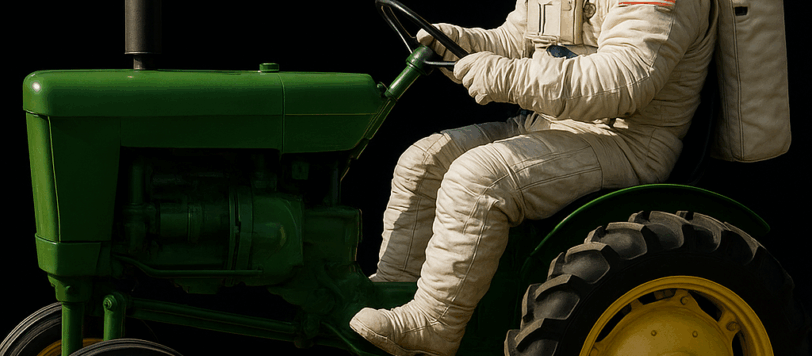 An astronaut driving a tractor using our equipment finance analytics tools