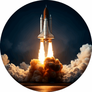 Space shuttle launching with fiery exhaust and billowing smoke, captured in a circular frame during liftoff.