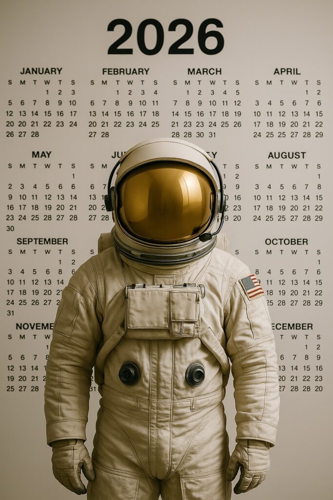 Astronaut standing in front of a 2026 calendar, symbolizing long-term planning and warranty claims analytics for financial planning and reserve forecasting.