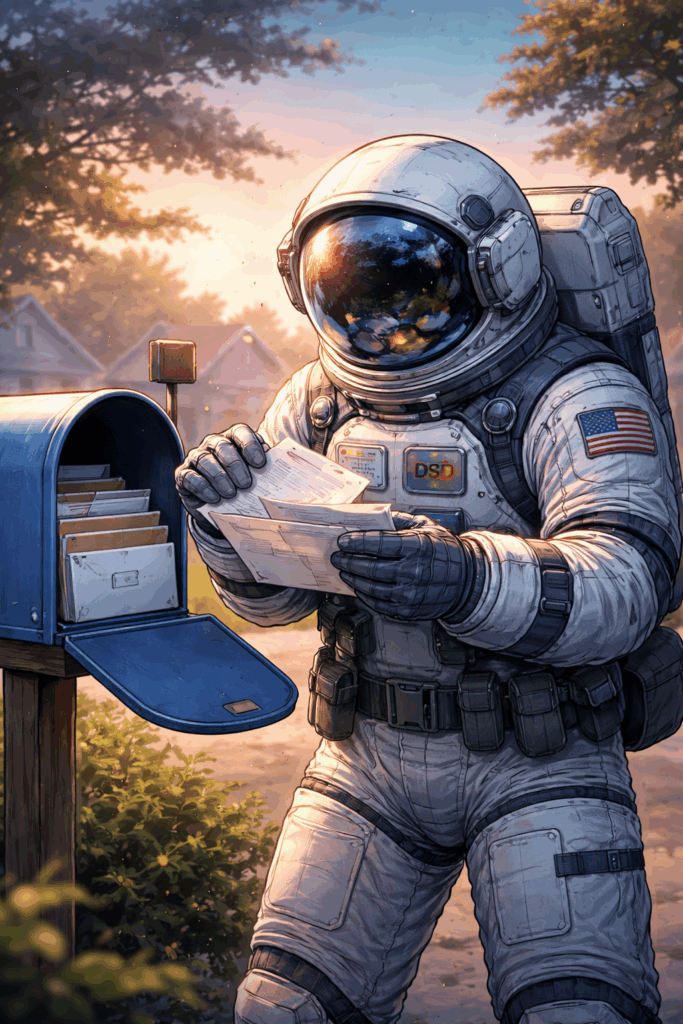 Astronaut reviewing mail from a mailbox, symbolizing disciplined VSC and Home Warranty marketing operations and delivery oversight.