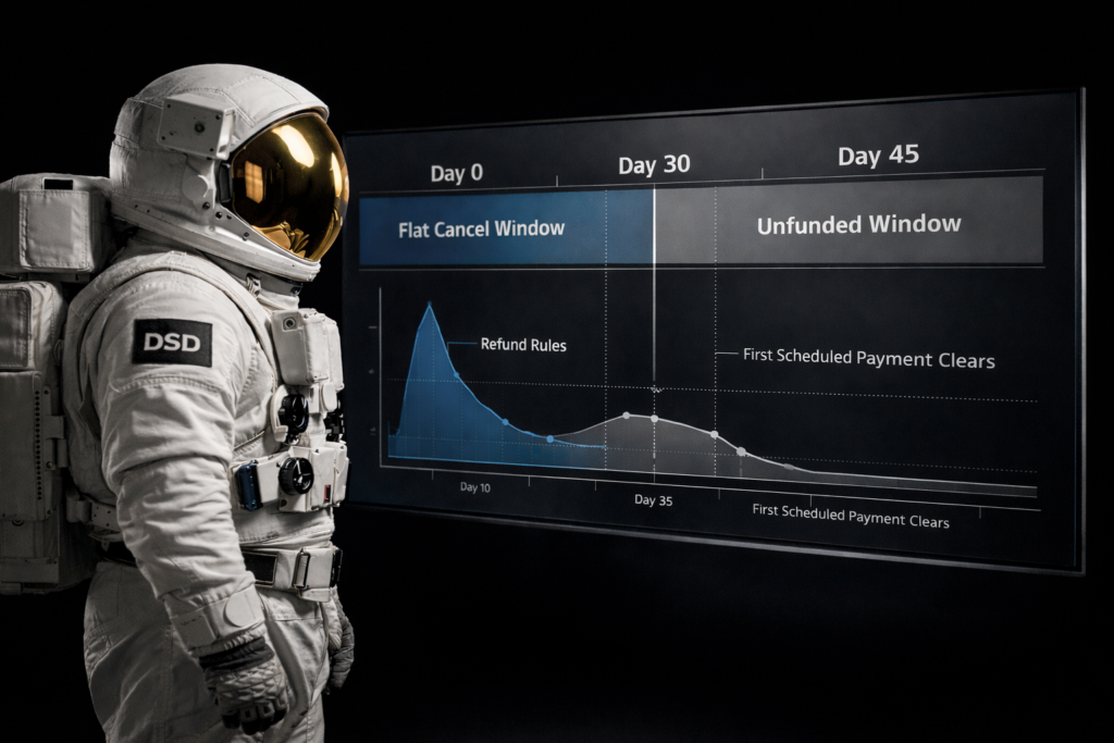 Flat cancels vs unfunded contracts timing chart for DTC VSCs