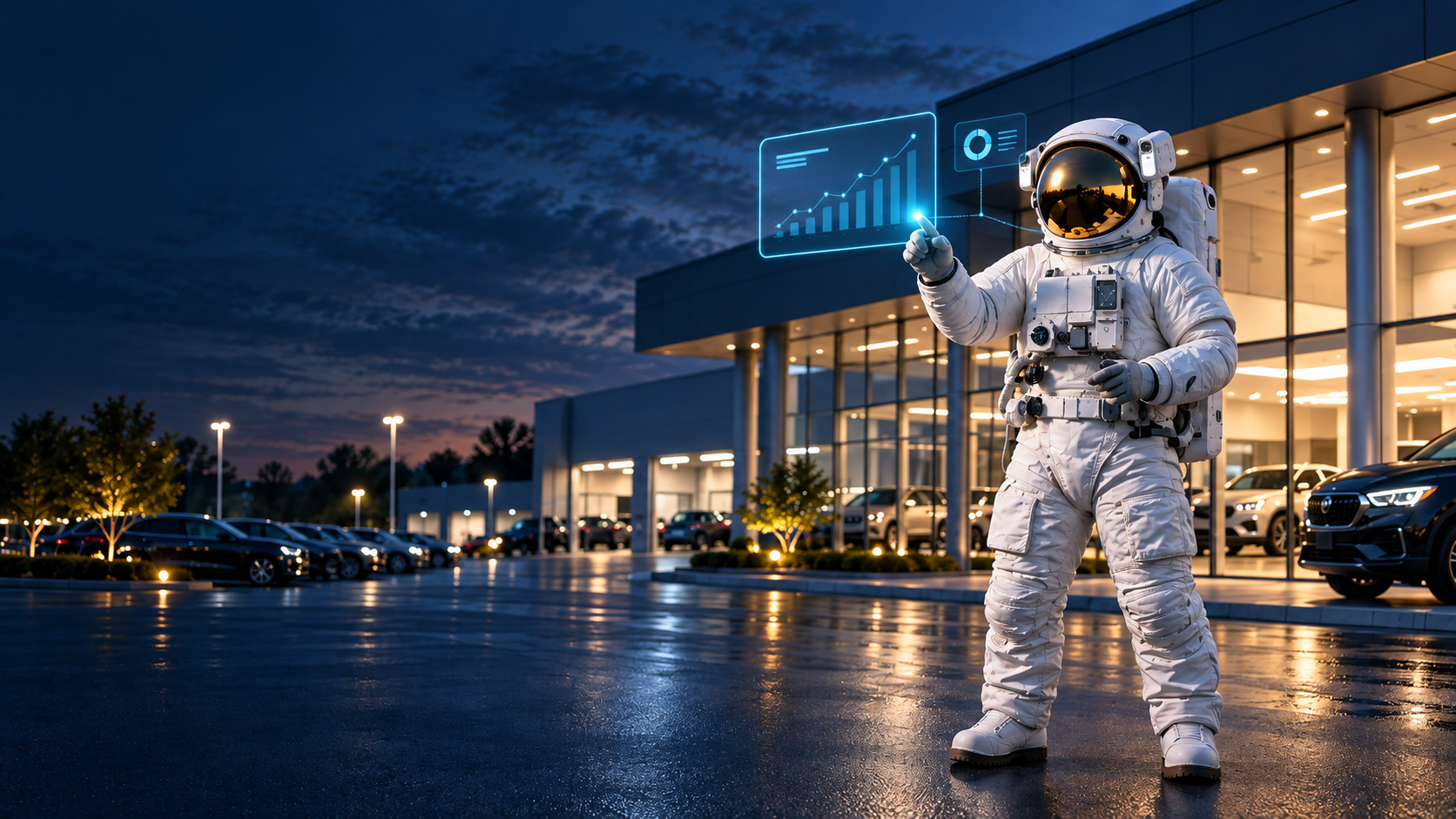 Astronaut reviewing dealership analytics outside a modern automotive dealership