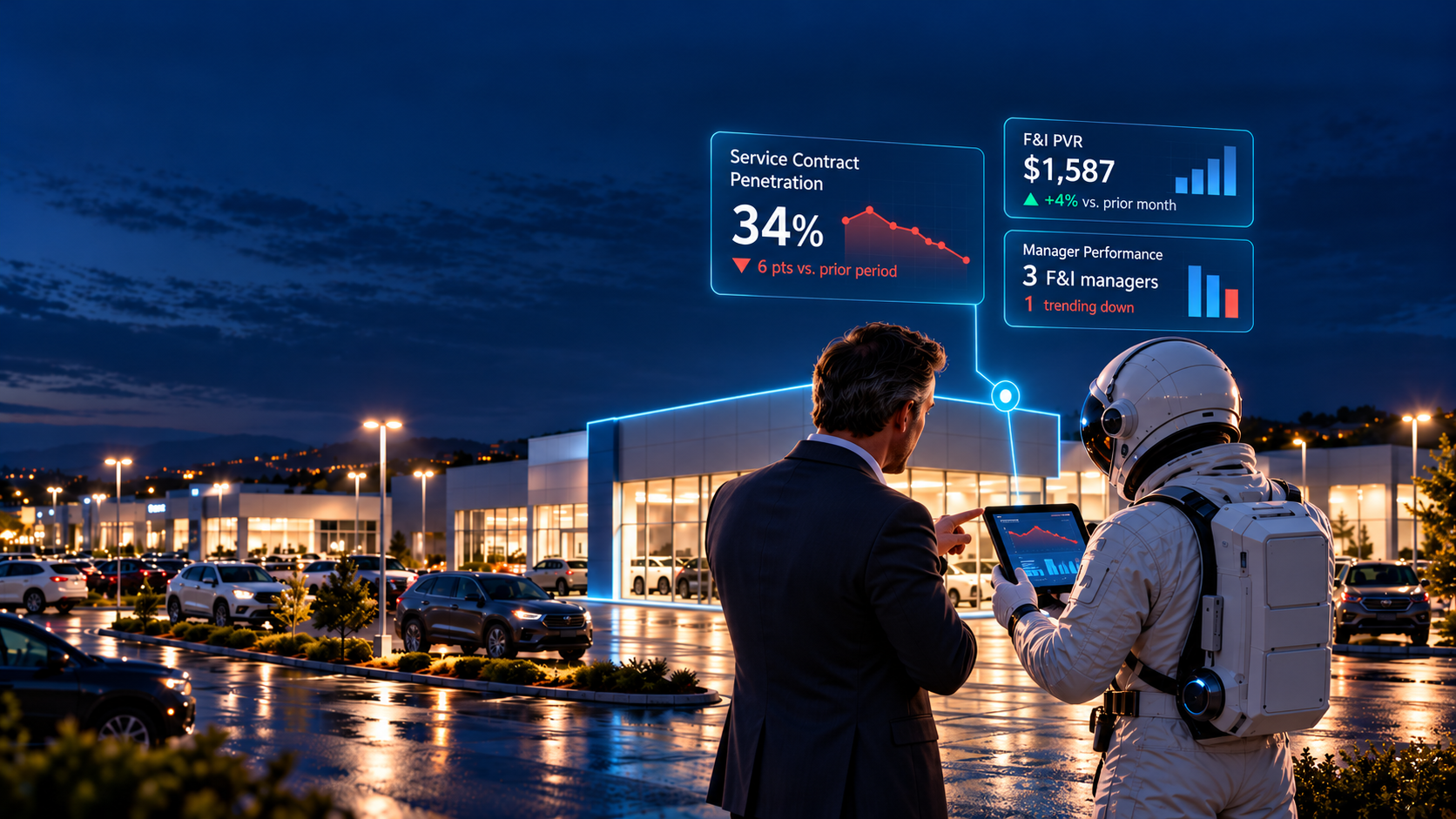 Photorealistic astronaut and dealership GM reviewing F&I performance together outside a modern dealership, with data visualizations for service contract penetration, F&I PVR, and manager performance.