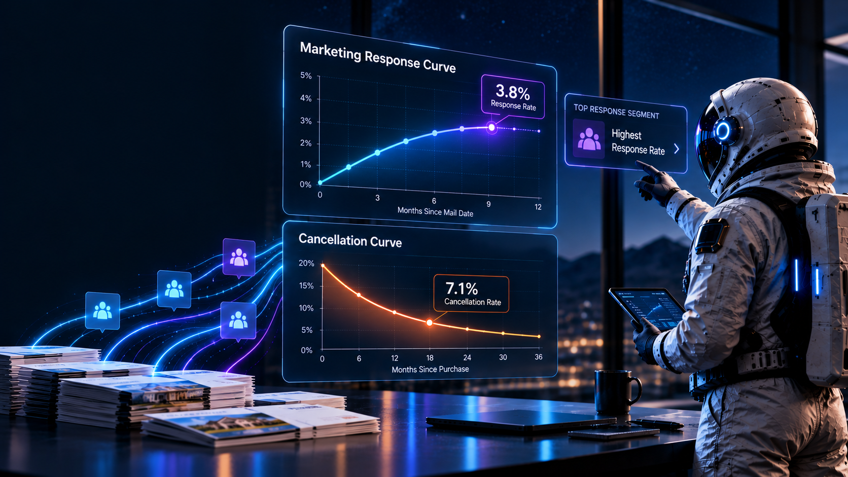 Photorealistic astronaut reviewing marketing response and cancellation trends, with visualizations highlighting response rate, cancellation rate, and the top-performing customer segment.